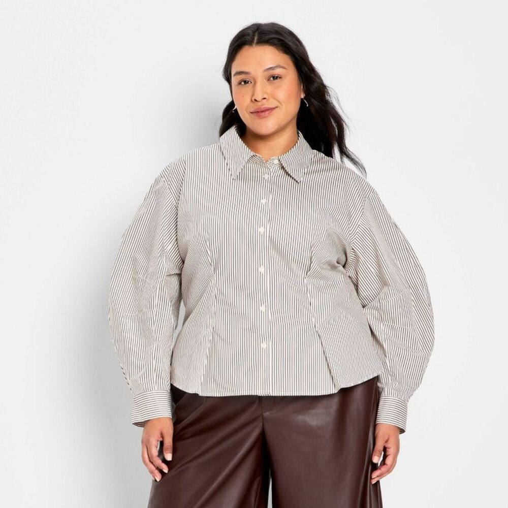 Women's Barrel Long Sleeve Collared Button-Down Shirt - Brown Striped XXL